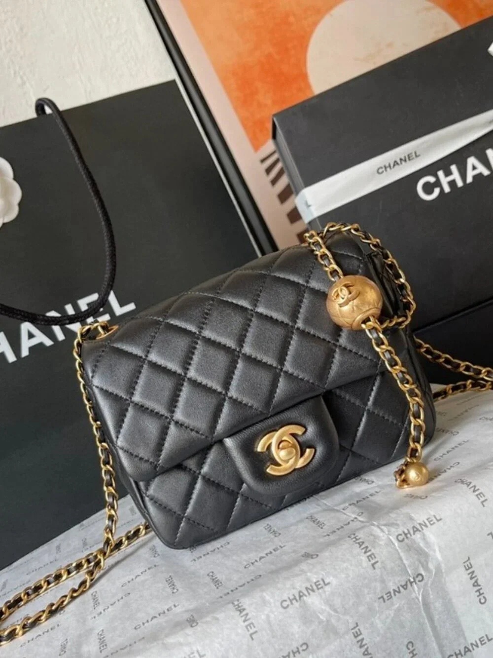Chanel Lambskin Mini Flap Gold Ball Crossbody Bag